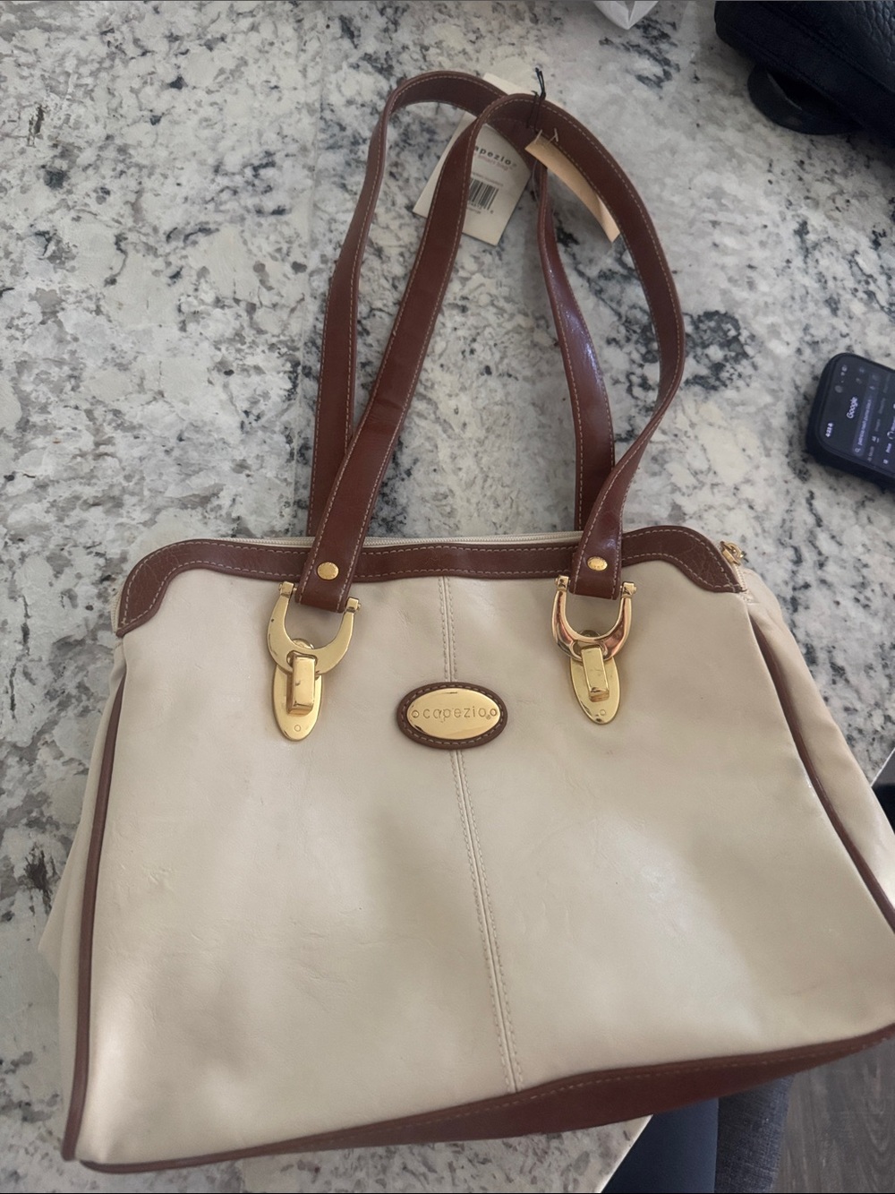 Cream and Brown Leather Tote Bag